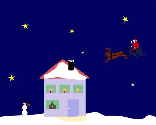 Papai Noel cavalgando em seu trenó de renas sobre o topo de uma casa — Fotografia de Stock