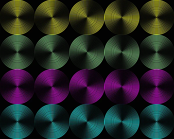 Metalliskt skimrande bakgrundsbild av många färgade cirklar rader — Stockfoto