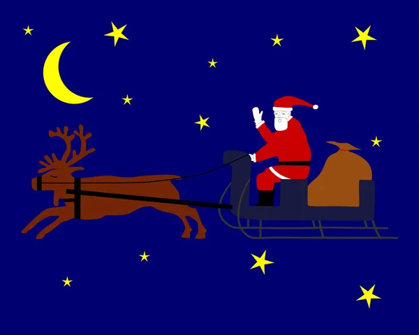Santa Claus riding on his reindeersleigh through the christmas night — Stock Photo, Image