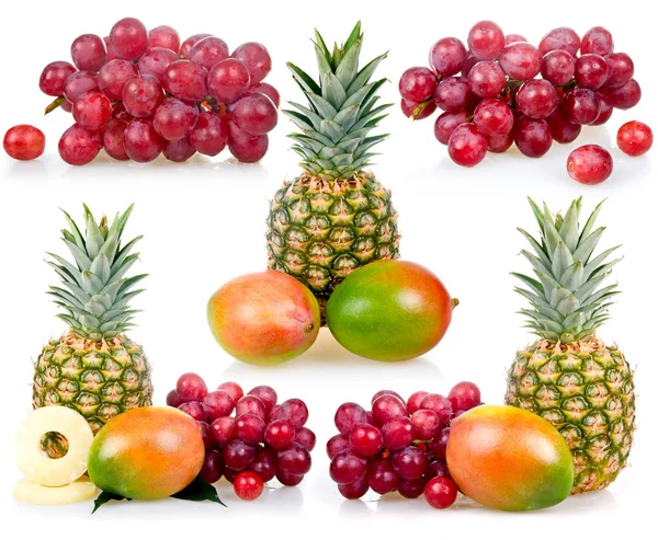 Set Pineapple Mango Grapes Isolated White Background Still Life — Stock Photo, Image