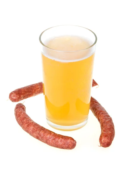 Cup Beer Grilled Sausages Isolated White Background — Stock Photo, Image