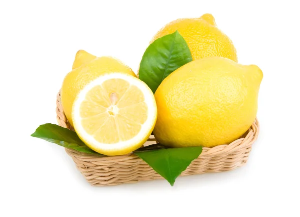 Ripe Yellow Lemons Isolated Basket White Background — Stock Photo, Image