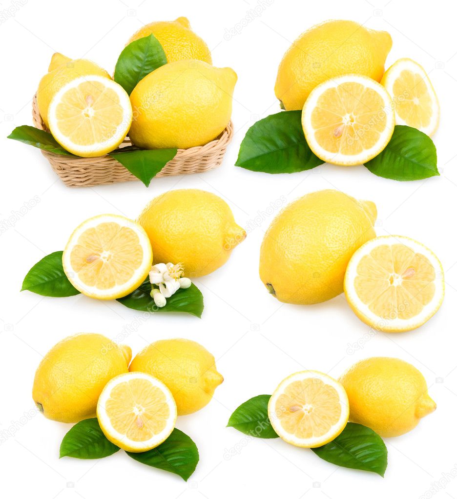 Set of ripe lemon fruits isolated on white background