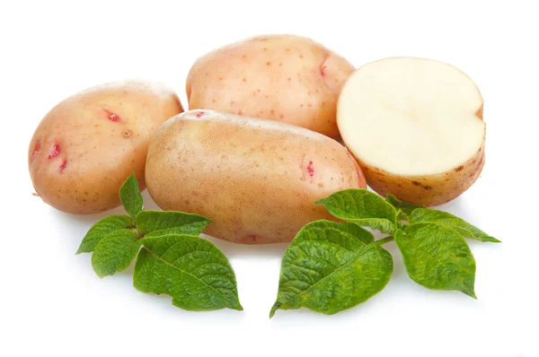 Heap Ripe Potatoes Vegetable Green Leafs Isolated White Background — Stock Photo, Image