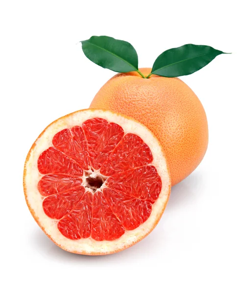 Grapefruit Fruits Cuts Green Leaf Isolated White Background — Stock Photo, Image
