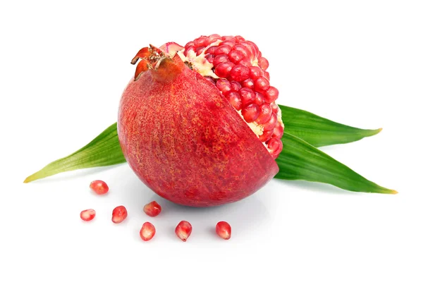 Pomegranate Fruit Green Leaf Cuts Isolated White Background — Stock Photo, Image