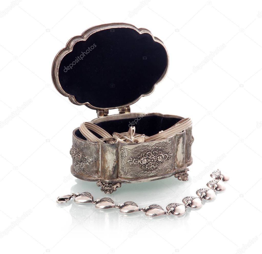 Silver jewelry box and necklace isolated on white background