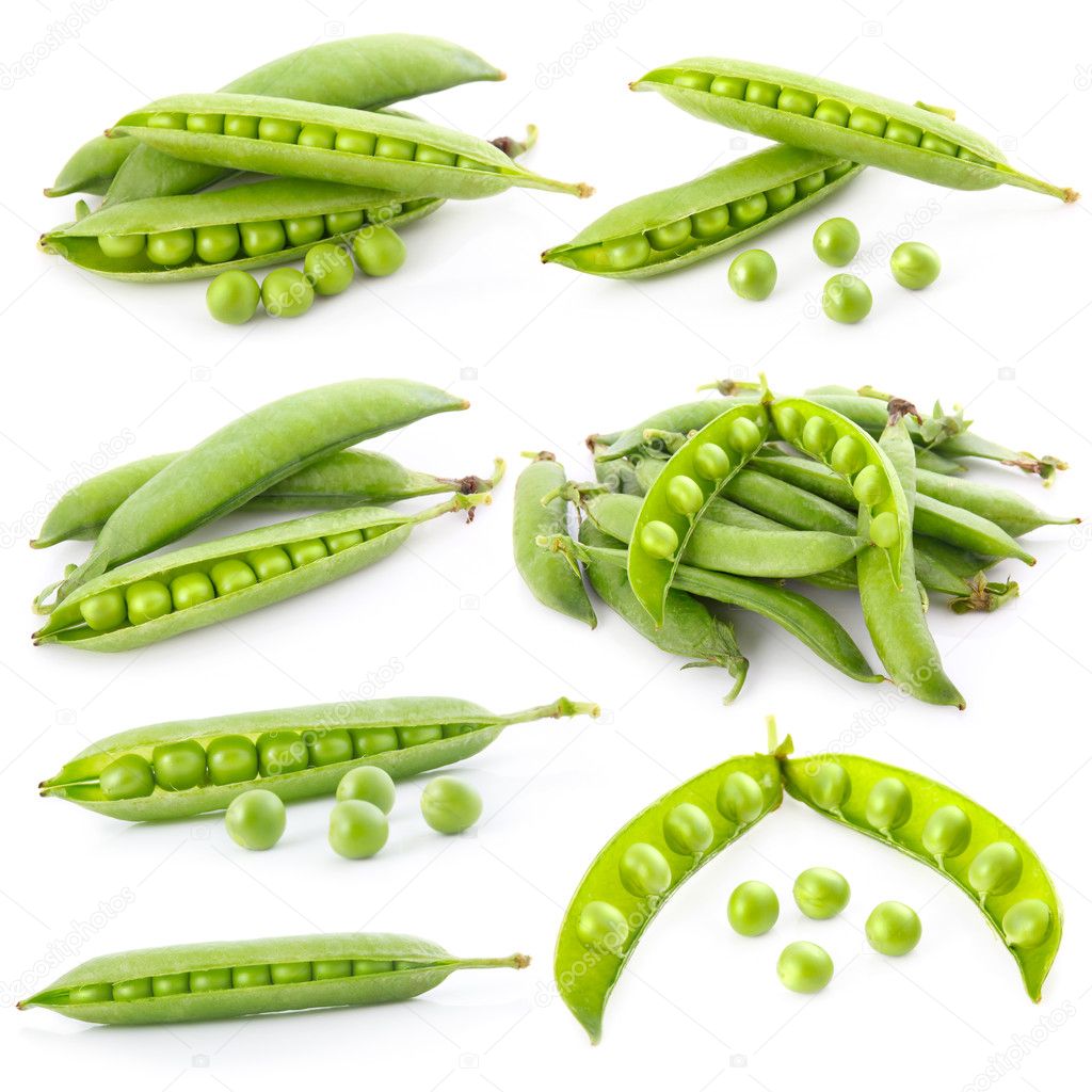Set of ripe green pea in the pod isolated