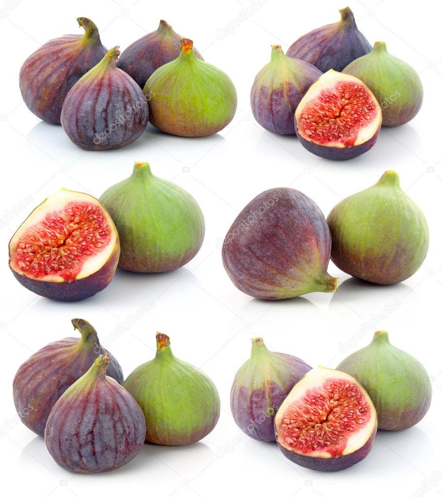 Set of Ripe sliced purple and green fig fruit isolated