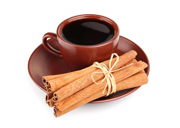 Cup of coffee and bunch of cinnamon isolated — Stock Photo, Image
