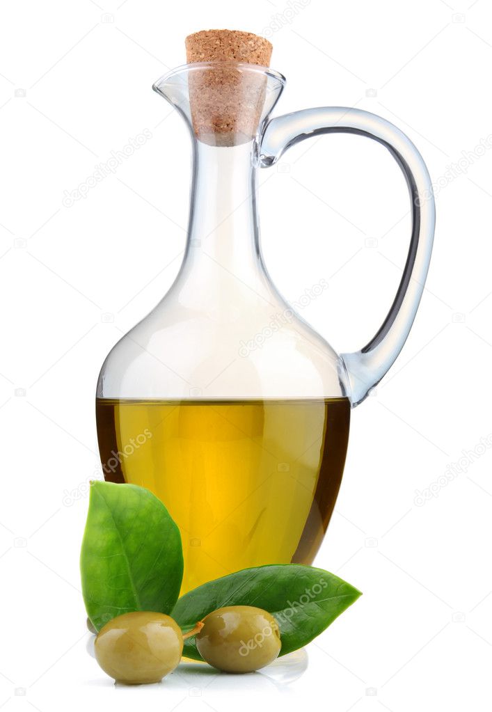 Jug of olive oil, beans and branch of bay leaf isolated