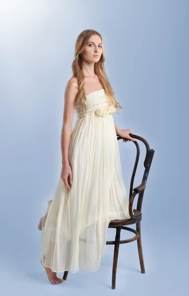 Young Fashionable Blond Girl Long Dress Chair — Stock Photo, Image