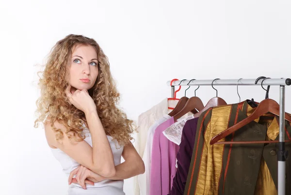 Portrait Girl Selecting Clothes Shop — Stock Photo, Image