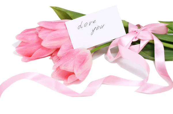 Щасливий День Святого Валентина Вітальну Листівку Тюльпани Стрічкою — стокове фото