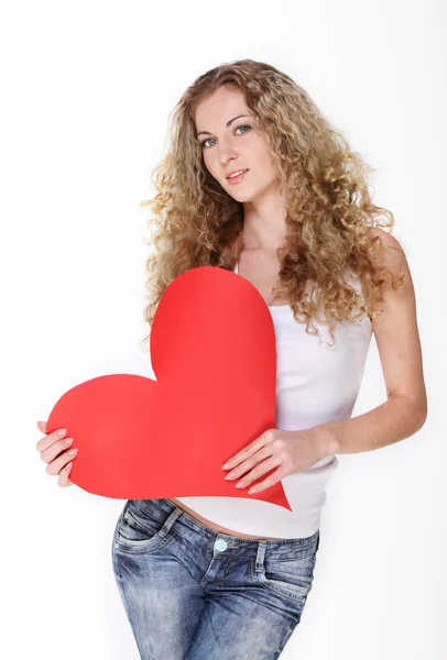Menina Loira Com Cartão Grande Valentine Vermelho — Fotografia de Stock