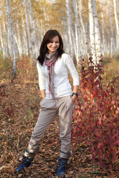 美丽微笑在秋天的森林中的黑发女孩 — 图库照片