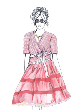 Fashion sketch. Woman in pink clipart
