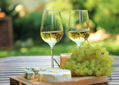 Various sorts of cheese and white wine clipart