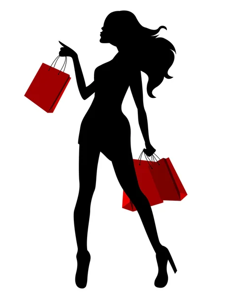 Silueta de mujer joven llevando bolsas — Vector de stock