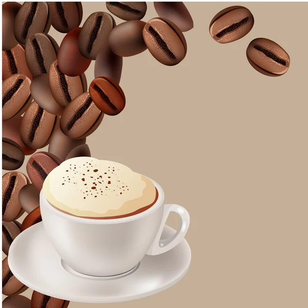 Kaffebönor och kopp cappuccino — Stock vektor