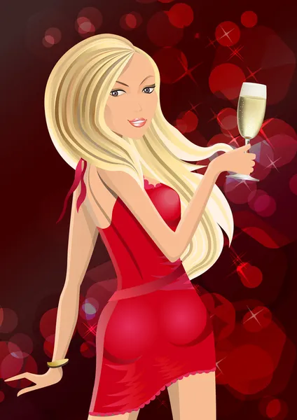 Blondine trinkt Champagner auf der Party — Stockvektor