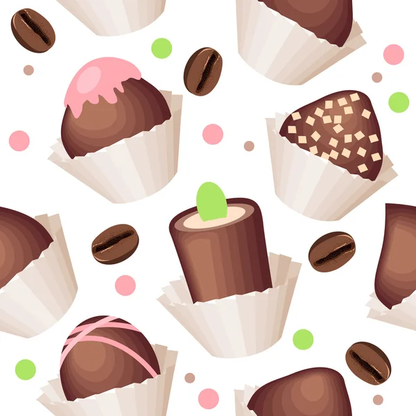 チョコレートのお菓子とコーヒー豆とのシームレスなパターン — ストックベクタ
