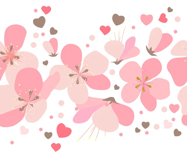 ピンクの桜の花とドットのシームレスな境界線 — ストックベクタ