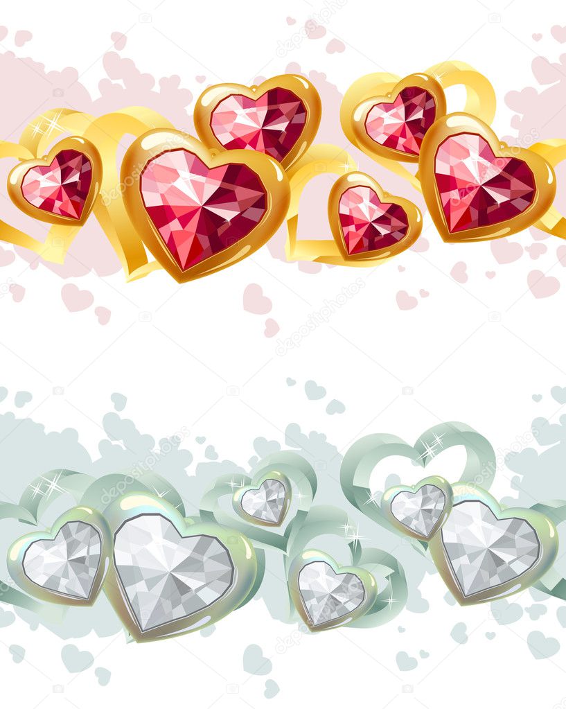 Gold and silver seamless borders with heart-shape gems