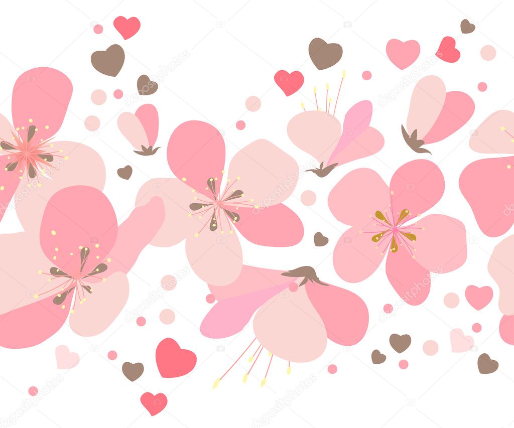 Seamless border made of pink cherry flowers and dots