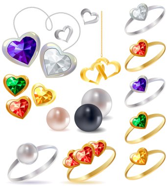 Different gold and silver rings and necklaces with gems clipart