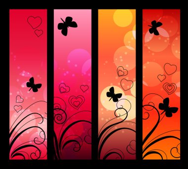 Vertical red banners with absract flowers and butterflies clipart