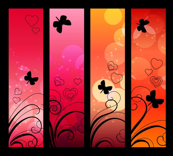 Bannières Verticales Rouges Avec Fleurs Absractes Papillons — Image vectorielle