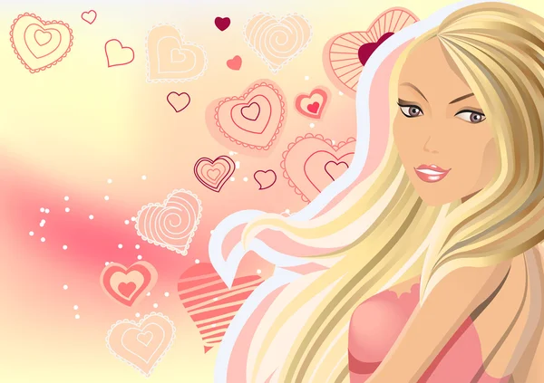 粉红色背景与心灵上的美丽金发 — 图库矢量图片