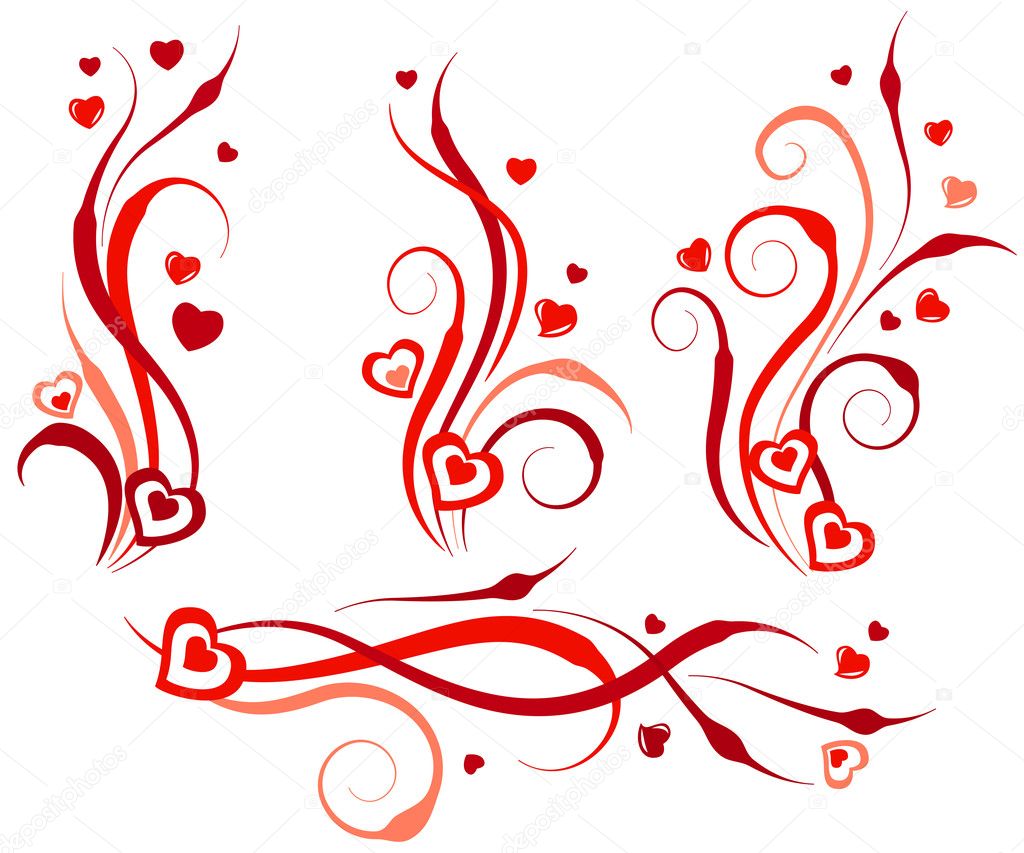 Floral swirl design elements with hearts