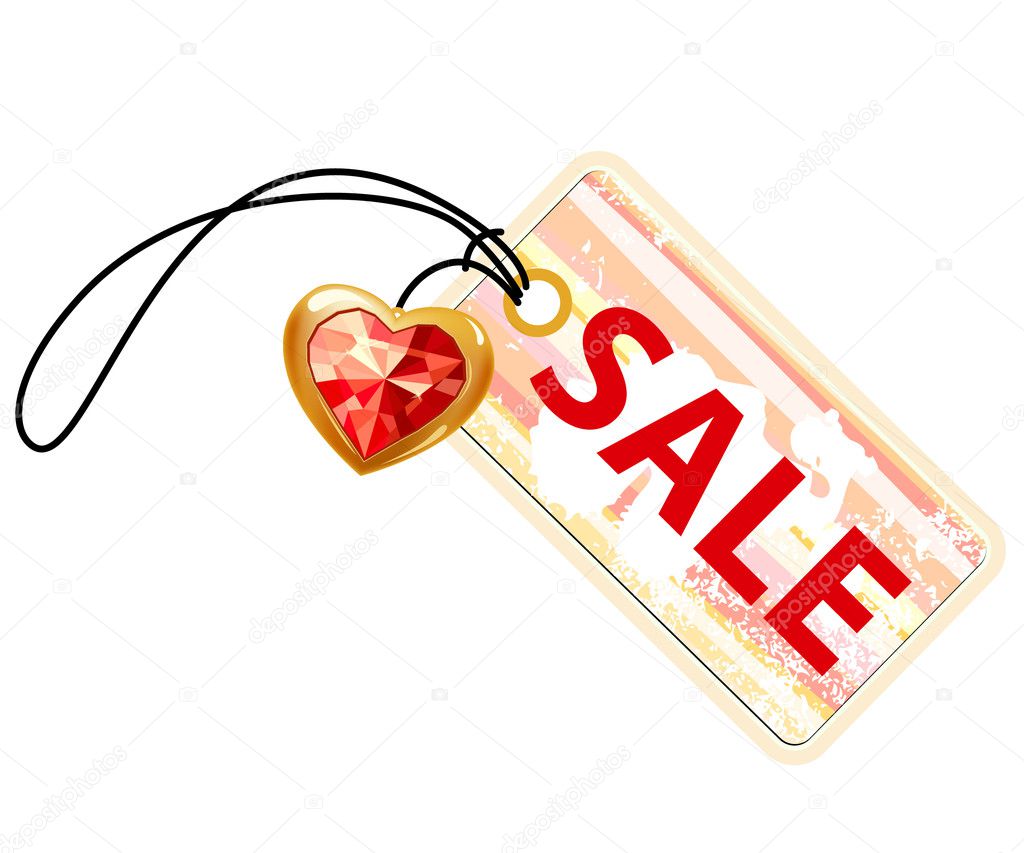 Pink sale label with gold heart and ruby