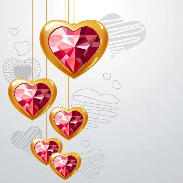 Ruby Zlaté Srdce Visí Světle Šedé Pozadí — Stockový vektor