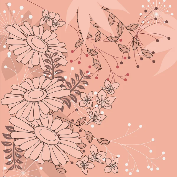 Ροζ Floral Φόντο Περίγραμμα Λουλουδιών Και Φυτών — Διανυσματικό Αρχείο