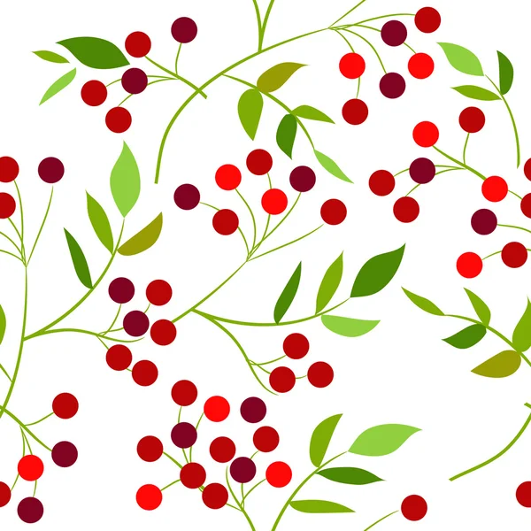 緑の葉と赤い果実のシームレスなパターン — ストックベクタ