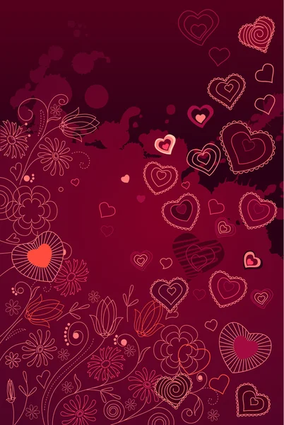 Coeurs de contour sur fond rouge foncé — Image vectorielle
