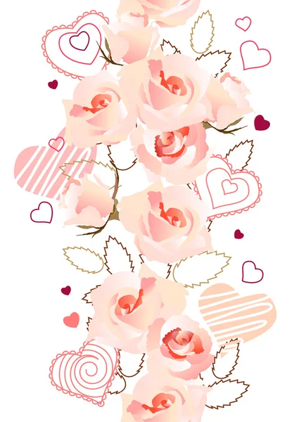 玫瑰和心脏做成的垂直无缝图案 — 图库矢量图片