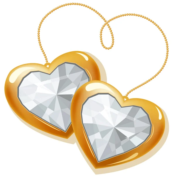 Zwei goldene Herzen mit Diamanten — Stockvektor