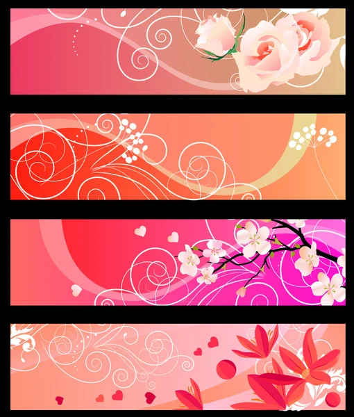 Four Red Horizontal Floral Banners Hearts — Stockový vektor