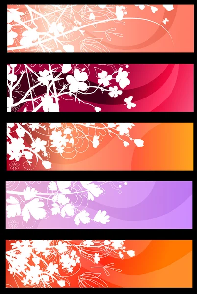 Cuatro Banderas Florales Horizontales Rojas Con Corazones — Vector de stock