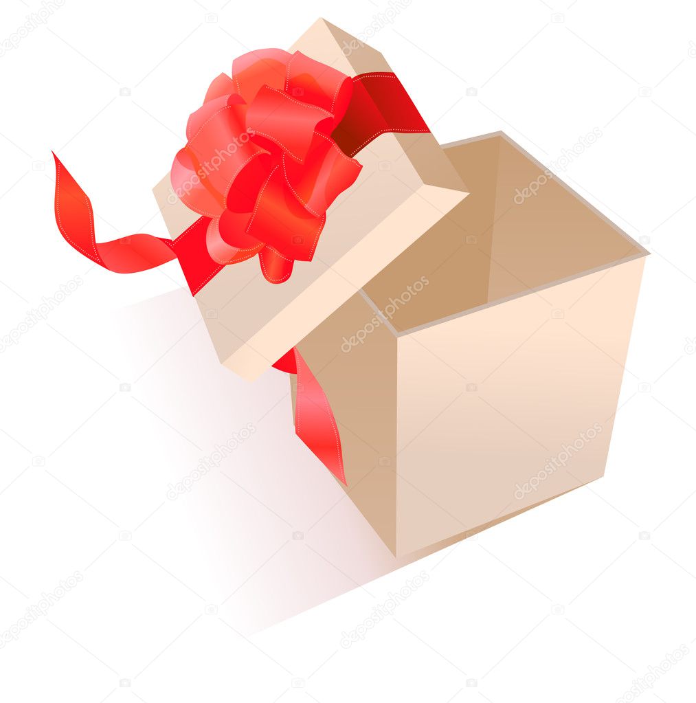 Open realistic giftbox with red silk bow