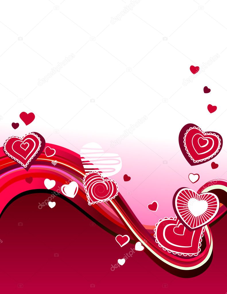 Red stylized hearts on abstract wavy background