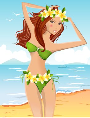 Bikini hawaiian çiçek çelenk ile genç kız