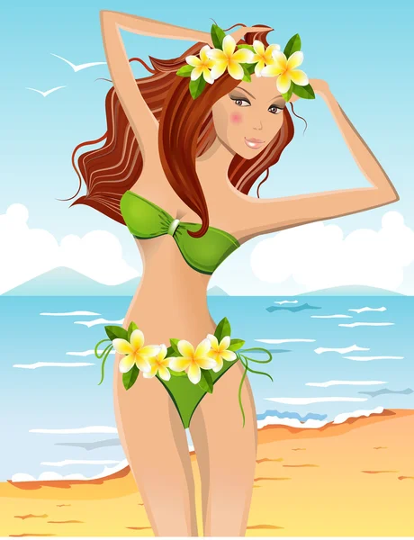 Jong Meisje Een Bikini Met Florale Hawaiiaanse Krans — Stockvector