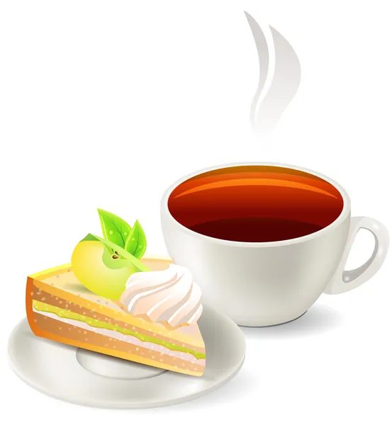 アップル ケーキのスライスと熱いお茶のカップ — ストックベクタ