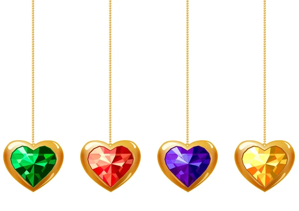 Quatre cœurs avec des pierres précieuses — Image vectorielle