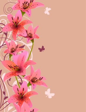 Vertical pink spring background with lilies and flourishes clipart